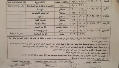 جدول امتحانات الشهادة الإعدادية بالأقصر الفصل الأول 2025- المحرر العربي